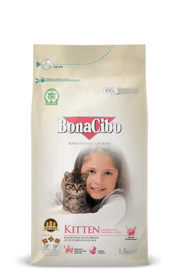 BonaCibo s/b kaķēniiem Kitten Chicken&Rice,Anchovy 1.5